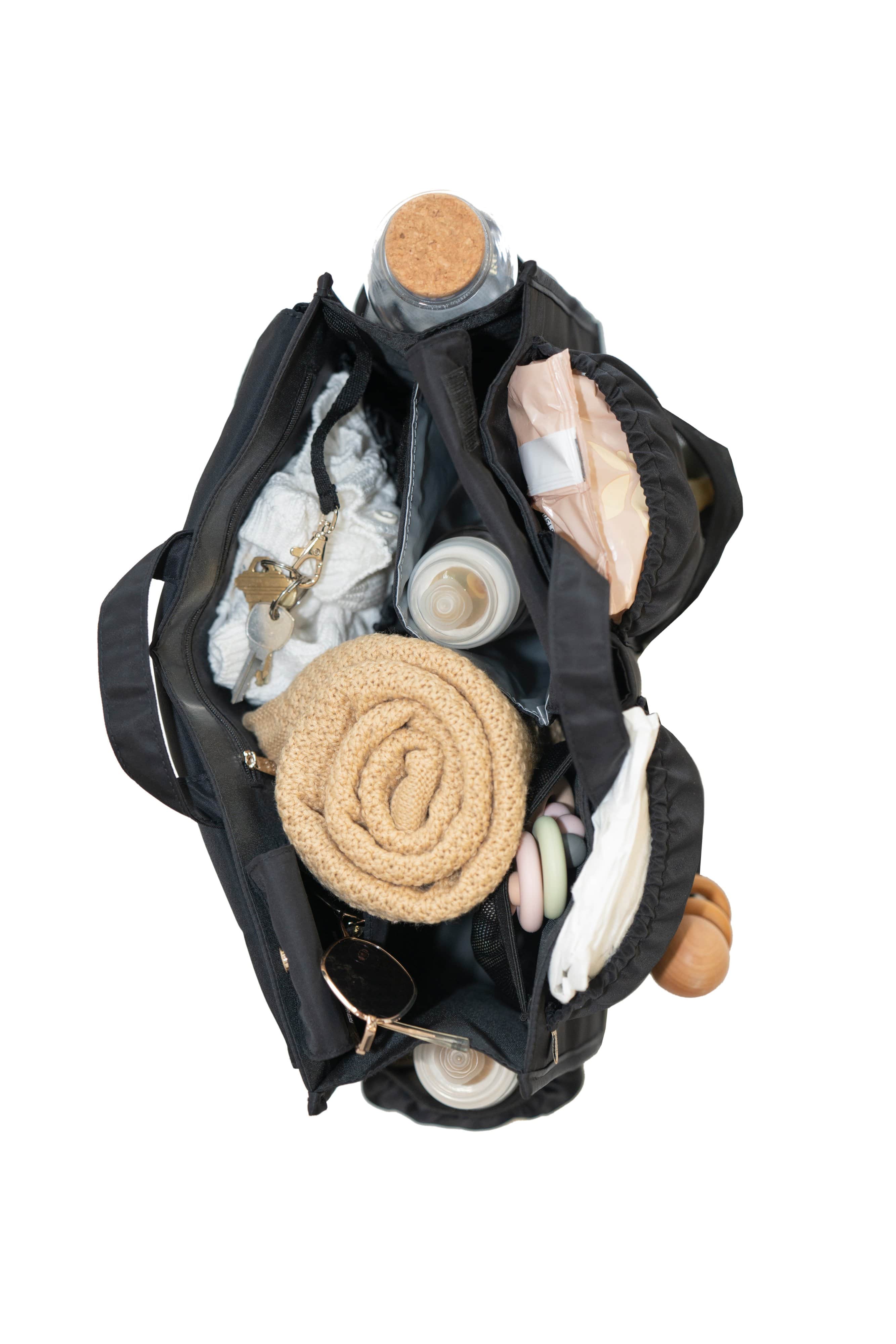 Tote Insert Black Filled with Kid Items Top View