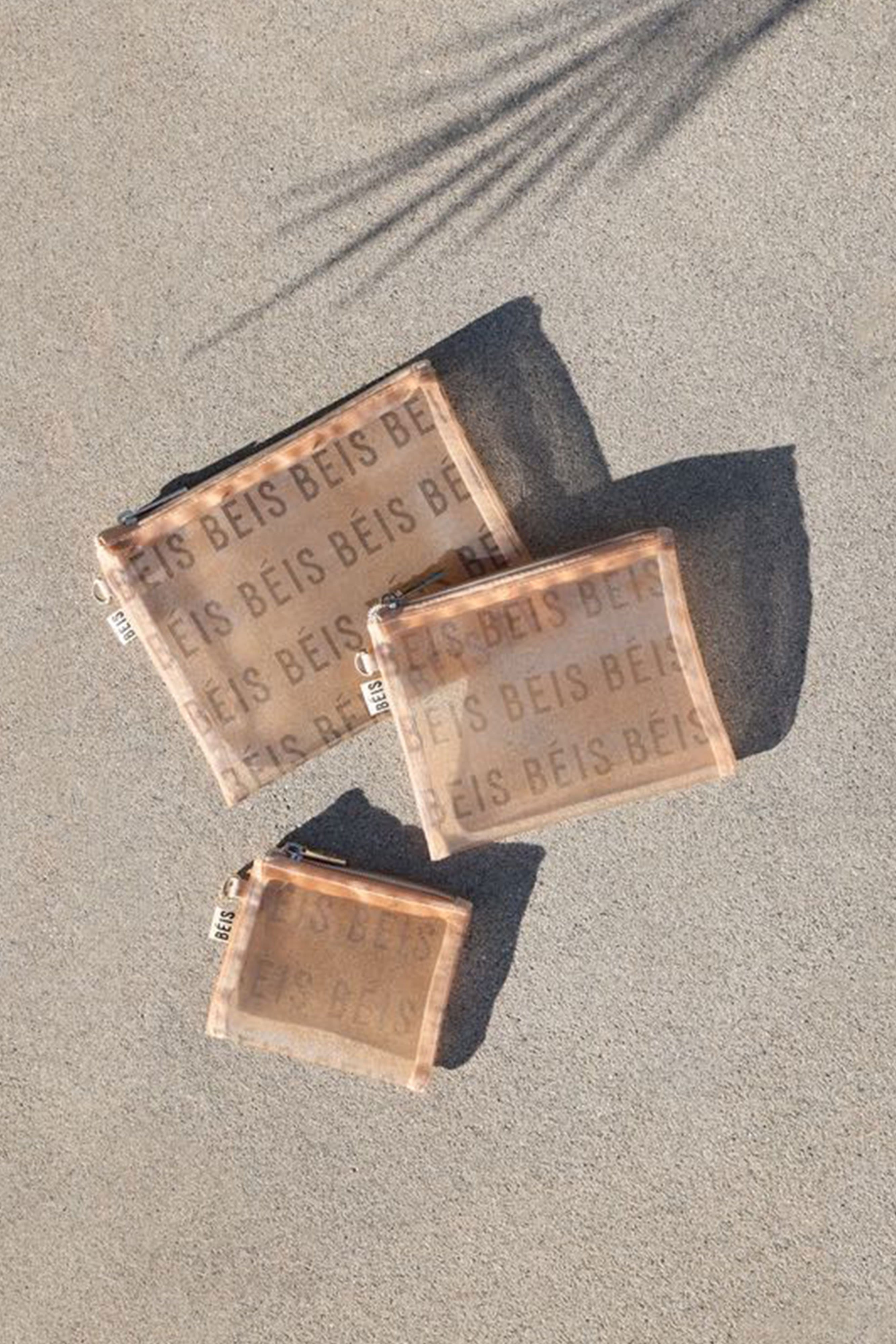 Mesh Pouch Trio Beige Layout Three Piece Outside